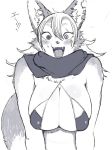  anthro big_breasts bra breasts canine cleavage clothed clothing digital_media_(artwork) dog ear_piercing fangs female fluffy fur grey_fur hair heterochromia hi_res husko husky inner_ear_fluff japanese_text long_hair looking_at_viewer mammal monochrome multicolored_fur open_mouth piercing scar scarf simple_background solo teeth text toco_(artist) tongue translation_request two_tone_fur underwear white_background white_fur white_hair 