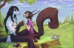  2018 5_fingers anthro big_tail brown_fur clothed clothing colored detailed_background digital_media_(artwork) duo freekilli fur gastropod girly hair half-closed_eyes happy kneeling long_hair male male/male mammal marsupial muscular nipples open_mouth opossum pecs pink_nipples red_eyes rodent sitting smile snail squirrel teeth topless tree white_fur 