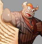  bovine clothing contract gnj97 gyumao hair horn looking_at_viewer male mammal necktie red_hair suit tokyo_afterschool_summoners 