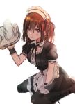  alternate_costume apron bangs between_legs black_legwear blush boots breasts brown_eyes brown_footwear brown_hair closed_mouth cross-laced_footwear enmaided frills hair_ornament hand_between_legs highres holding holding_tray kantai_collection knee_boots lace-up_boots looking_at_viewer maid maid_apron maid_headdress pantyhose puffy_short_sleeves puffy_sleeves remodel_(kantai_collection) rinto_(rint_rnt) sendai_(kantai_collection) short_hair short_sleeves simple_background sitting solo tray two_side_up wariza white_background wrist_cuffs 