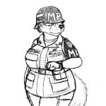  2018 anthro armor army big_breasts black_and_white breasts canine clothed clothing comic english_text female fox helmet hi_res mammal monochrome peggy_patterson_(savagely_random) savagely_random simple_background soldier text watch 