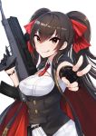  :p black_hair brown_eyes eyebrows_visible_through_hair fingerless_gloves girls_frontline gloves gun hair_between_eyes highres long_hair looking_at_viewer mappaninatta mismatched_gloves outstretched_arm qbz-97_(girls_frontline) single_fingerless_glove smile solo tongue tongue_out trigger_discipline v weapon white_background 