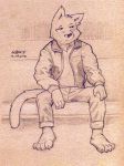  2018 anthro black_and_white cat claws clothed clothing feline figo fur jacket male mammal monochrome signature sitting solo traditional_media_(artwork) weers 