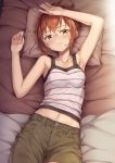  armpits arms_up bangs bare_arms bare_shoulders bed_sheet blush breasts brown_eyes brown_hair brown_shorts camisole chio-chan_no_tsuugakuro collarbone commentary_request eyebrows_visible_through_hair fingernails glasses hand_on_own_head head_tilt highres lying md5_mismatch midriff miyamo_chio navel on_back parted_lips pillow short_hair short_shorts shorts small_breasts solo striped striped_camisole sweat tomifumi white_camisole 