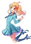  :d aikatsu!_(series) aikatsu_stars! aqua_dress arm_up bangs blonde_hair blue_dress blue_footwear blue_legwear blue_neckwear blue_sailor_collar bow commentary_request dress fingernails hair_bow hand_up high_heels highres index_finger_raised kneehighs long_hair long_sleeves looking_at_viewer looking_to_the_side necktie nijino_yume open_mouth pleated_dress red_bow red_eyes rurukuru sailor_collar sailor_dress school_uniform shoes sidelocks simple_background smile solo twintails upper_teeth white_background yotsuboshi_academy_uniform 