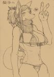  &lt;3 anthro bandanna bra breasts canine claws cleavage clothed clothing dog female fluffy hair hi_res inner_ear_fluff japanese_text long_hair looking_at_viewer mammal monochrome panties pawpads paws simple_background smile solo text toco_(artist) tongue tongue_out translation_request underwear v_sign 
