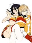  2boys black_hair black_nail_polish blonde_hair blue_eyes bubble_gum crossdressing dark_hair football_uniform genos light_hair long_hair male male_focus multiple_boys nail_polish one-punch_man onsoku_no_sonic scar scars skirt sports_uniform sportswear thighhighs uniform zettai_ryouiki 