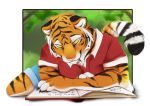  2018 anthro book detailed_background digital_media_(artwork) feline fur lycangel male mammal orange_fur pink_nose reading smile solo tiger yellow_eyes 