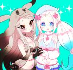  2girls :d animal_hood aqua_background bare_shoulders beads black_eyes black_gloves blue_eyes blue_hat bra breasts brown_hair choker cleavage earrings gen_7_pokemon gloves gradient_hair grey_bra grey_hair hair_beads hair_ornament hat heart holding_hands hood interlocked_fingers jewelry looking_at_viewer medium_breasts mimikyu multicolored_hair multiple_girls navel navel_cutout necklace open_mouth personification pink_pupils pokemon primarina sideboob sidelocks smile standing star star_hair_ornament tears underwear upper_body white_hair yuzu_ichika 