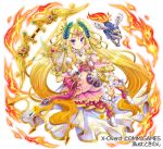  apollon_(x_overd) blonde_hair blue_eyes bow_(weapon) copyright_name dog dress fire hair_ornament hand_up harp instrument invisible_chair jewelry long_hair necklace official_art pink_dress sitting smile tiara tokinon very_long_hair weapon white_footwear white_legwear x-overd 