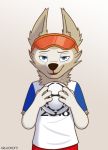  anthro arwokom ball bedroom_eyes blue_eyes canine cute eyewear fifa fluffy football_(disambiguation) glasses half-closed_eyes holding_(disambiguation) looking_at_viewer male mammal mascot seductive soccer sport standing wolf zabivaka 