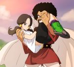  1girl bike_shorts black_gloves black_hair blue_eyes brown_hair cape carrying cloud dragon_ball dragon_ball_z facial_hair father_and_daughter fingerless_gloves gloves haruyama_kazunori ishizuka_unshou long_hair mr._satan mustache outdoors princess_carry shirt short_hair short_sleeves short_twintails sky twintails videl white_cape white_shirt 