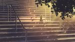  blender_(medium) blurry blurry_foreground cat commentary depth_of_field english_commentary evening highres looking_at_viewer making_of mclelun no_humans original outdoors photoshop_(medium) railing scenery signature sitting stairs sunset tree 