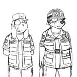  2018 anthro armor army big_breasts black_and_white breasts canine clothed clothing comic donk donkey english_text equine female fox helmet hi_res mammal monochrome nervous peggy_patterson_(savagely_random) savagely_random shocked simple_background soldier text uniform 