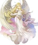  1girl bangs blonde_hair breasts closed_mouth dress feathered_wings feathers fire_emblem fire_emblem:_akatsuki_no_megami fire_emblem_heroes full_body green_eyes hand_up highres leanne long_dress long_hair long_sleeves looking_at_viewer medium_breasts nintendo official_art puffy_sleeves shiny shiny_hair transparent_background very_long_hair wide_sleeves wings 