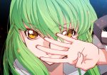  bangs c.c. closed_mouth code_geass creayus eyebrows_visible_through_hair green_hair hair_between_eyes hand_over_face long_sleeves looking_at_viewer m portrait smile solo yellow_eyes 