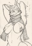  &lt;3 anthro bra breasts canine clothing dog ear_piercing fangs female fluffy fur hi_res husko husky inner_ear_fluff japanese_text looking_at_viewer mammal monochrome navel nipple_bulge one_eye_closed open_mouth piercing scar scarf simple_background sketch smile solo standing star teeth text toco_(artist) tongue tongue_out translation_request underwear white_background white_fur wink 