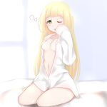  absurdres blonde_hair commentary_request dress_shirt green_eyes highres ko_to_tsuki lillie_(pokemon) long_hair naked_shirt pokemon pokemon_(game) pokemon_sm shirt solo 