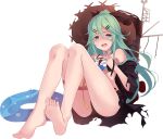  armlet bangs bare_shoulders barefoot black_ribbon blue_ribbon full_body green_eyes green_hair hair_between_eyes hair_flaps hair_ornament hair_ribbon hairclip hat innertube kantai_collection kujou_ichiso long_hair machinery official_art open_clothes open_robe parted_bangs ponytail ribbon robe sidelocks straw_hat swimsuit tears torn_clothes transparent_background yamakaze_(kantai_collection) 