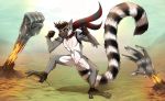  2018 anthro black_fur colored detailed_background digital_media_(artwork) freekilli fur hair hi_res lemur long_tail looking_at_viewer male mammal messy_hair multicolored_fur nude prehensile_feet primate rezsgar ringed_tail ringtail scarf smile solo standing striped_tail stripes toes white_fur 