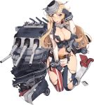  bare_shoulders belt belt_buckle blonde_hair blue_eyes boots breasts buckle cleavage dojikko_pose fingerless_gloves front-tie_top full_body garter_straps gloves hair_between_eyes headgear high_heel_boots high_heels iowa_(kantai_collection) kantai_collection knee_boots large_breasts long_hair miniskirt mismatched_legwear official_art shizuma_yoshinori skirt solo star star-shaped_pupils striped striped_legwear symbol-shaped_pupils thighhighs tongue tongue_out torn_clothes torn_legwear transparent_background vertical-striped_legwear vertical-striped_skirt vertical_stripes white_footwear 