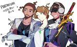  blue_eyes brown_hair chris_(vocaloid) closed_mouth cravat creator_connection cyber_songman dark_skin dark_skinned_male green_eyes grey_jacket headphones holding holding_sword holding_weapon jacket jewelry ken_(vocaloid) male_focus multiple_boys necklace simple_background sunglasses sword triangle uoshi_(uoshi777) upper_body vocaloid vy2 vy2_(vocaloid3) weapon white_background 