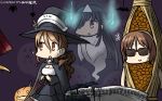  3girls black_hair brown_hair cape commentary_request dated flying_sweatdrops ghost giving_up_the_ghost hair_over_one_eye hairband halloween hamu_koutarou hat hayashimo_(kantai_collection) highres jack-o'-lantern kantai_collection littorio_(kantai_collection) long_hair multiple_girls natori_(kantai_collection) nattou_costume open_mouth pun sunglasses sweat triangular_headpiece very_long_hair white_hairband witch_hat 
