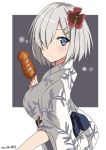  blue_eyes blush breasts closed_mouth commentary_request eyebrows_visible_through_hair flower grey_hair hair_flower hair_ornament hair_over_one_eye hairclip hamakaze_(kantai_collection) hinase_(jet_hearts) ikayaki japanese_clothes kantai_collection kimono large_breasts looking_at_viewer obi sash short_hair simple_background smile solo squid white_background yukata 