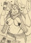  &lt;3 anthro bra breasts canine clothing dialogue dog ear_piercing eating eyes_closed fangs female fluffy hair hi_res husko husky inner_ear_fluff japanese_text long_hair mammal monochrome navel open_mouth piercing scarf shorts smile solo standing teeth text toco_(artist) tongue translation_request underwear 