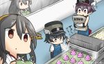  apron arare_(kantai_collection) arm_warmers black_hair brown_eyes commentary_request conveyor_belt dated empty_eyes flying_sweatdrops gloves hair_between_eyes hair_ornament hairclip hamu_koutarou haruna_(kantai_collection) hat headgear highres kantai_collection king_nikochan long_hair multiple_girls poop purple_hair sakawa_(kantai_collection) short_hair suspenders translated white_gloves winged_hat 