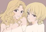  bangs blonde_hair braid breasts brown_background brown_eyes collarbone commentary darjeeling eyebrows_visible_through_hair flat_color girls_und_panzer hair_intakes kay_(girls_und_panzer) large_breasts long_hair mituki_(mitukiiro) multiple_girls nude short_hair simple_background tied_hair twin_braids white_pupils yuri 