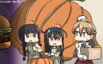  3girls apron ascot bangs bare_shoulders black_hair blonde_hair blunt_bangs braid commentary_request dated food french_braid hamburger hamu_koutarou hat hatsushimo_(kantai_collection) headband highres kantai_collection kitakami_(kantai_collection) long_hair low-tied_long_hair mini_hat multiple_girls open_mouth pumpkin purple_eyes pushcart red_eyes remodel_(kantai_collection) school_uniform serafuku single_braid translated wavy_hair zara_(kantai_collection) 