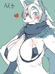  &lt;3 anthro blue_eyes bra breasts canine clothing digital_media_(artwork) dog female fluffy fur grey_fur hair heterochromia hi_res husko husky inner_ear_fluff japanese_text long_hair looking_at_viewer mammal multicolored_fur nipple_bulge red_eyes scar scarf simple_background smile solo text toco_(artist) tongue tongue_out translation_request two_tone_fur underwear white_fur white_hair 