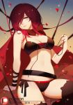  animal_band_legwear ass_visible_through_thighs black_hair breasts cape cat_band_legwear cleavage hair_over_one_eye hood lips medium_breasts multicolored_hair navel petals red_cape red_hair ruby_rose rwby short_hair side-tie_bottom silver_eyes solo songjikyo thighs underwear 