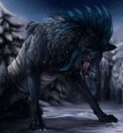  2016 ambiguous_gender black_fur black_lips blood blue_eyes blue_feathers canine detailed_background digital_media_(artwork) dog feathers feral fur looking_at_viewer mammal night open_mouth outside paws saliva shwonky sky snow solo star starry_sky teeth tongue 
