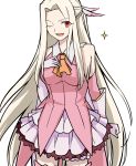  bare_shoulders blonde_hair breasts cosplay detached_sleeves eyes_visible_through_hair fate/kaleid_liner_prisma_illya fate_(series) frilled_skirt frills gloves hand_on_own_chest highres irisviel_von_einzbern large_breasts long_hair one_eye_closed open_mouth prisma_illya prisma_illya_(cosplay) red_eyes skirt smile thick_outlines thighhighs very_long_hair white_gloves yuuma_(u-ma) zettai_ryouiki 