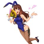  ;d animal_ears bangs bare_shoulders blush bow bowtie breasts brown_hair bunny_ears bunnysuit china_dress chinese_clothes covered_navel dress fan fishnet_legwear fishnets folding_fan heart high_heels leotard long_hair looking_at_viewer medium_breasts one_eye_closed open_mouth original pantyhose purple_eyes shouhei simple_background single_thighhigh smile solo thighhighs white_background wrist_cuffs 