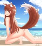  all_fours animal_ears anus ass beach blush brown_hair cloud commentary cslucaris english_commentary eyebrows_visible_through_hair holo long_hair looking_at_viewer nude ocean pussy red_eyes signature sky smile solo spice_and_wolf tail wolf_ears wolf_tail 
