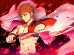  abs absurdres brown_hair emiya_shirou eyebrows_visible_through_hair facial_mark fate/grand_order fate_(series) grey_cape hair_between_eyes highres holding holding_sword holding_weapon katana limited/zero_over male_focus petals solo spiked_hair sword upper_body waku_(ayamix) weapon yellow_eyes 