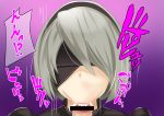  1boy 1girl :&gt; blindfold breasts censored clothed_female_nude_male cum cum_in_mouth fellatio ganbari_mascarpone hairband male_pubic_hair nier_(series) nier_automata nude oral penis pubic_hair short_hair translation_request white_hair yorha_no._2_type_b 