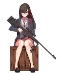  ai_arctic_warfare bare_legs bipod black_hair black_legwear bolt_action crate eyebrows_visible_through_hair glasses gun hair_between_eyes happening18 highres korean_commentary l96a1 long_hair necktie original panties plaid plaid_skirt red_eyes red_ribbon ribbon rifle school_uniform scope see-through sitting skirt sniper_rifle solo thighs underwear upskirt weapon white_background 