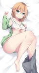  ass bangs bare_legs bare_shoulders barefoot bed_sheet blue_eyes blush breasts closed_mouth collarbone commentary_request crop_top eyebrows_visible_through_hair green_jacket green_panties grey_pants hair_between_eyes hands_up highres jacket kyuukon_(qkonsan) light_brown_hair long_sleeves looking_at_viewer lying medium_breasts miyamori_aoi on_side open_clothes open_jacket panties pants pants_around_one_leg pants_pull shirobako sleeves_past_wrists solo tank_top underboob underwear white_tank_top 