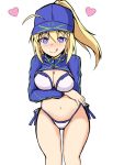  1girl :q absurdres ahoge arm_under_breasts artoria_pendragon_(all) bangs bikini blue_eyes blue_hat blue_jacket blush breast_hold breasts cleavage closed_mouth commentary_request eyebrows_visible_through_hair fate/grand_order fate_(series) flat_cap groin hair_between_eyes hair_through_headwear hat heart heart-shaped_pupils high_ponytail highres jacket long_hair long_sleeves looking_at_viewer medium_breasts mitchi mysterious_heroine_xx_(foreigner) navel nose_blush ponytail shrug_(clothing) side-tie_bikini smile solo standing swimsuit symbol-shaped_pupils tongue tongue_out white_bikini 