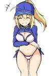  1girl ^_^ absurdres ahoge arm_under_breasts artoria_pendragon_(all) bangs bikini blue_hat blue_jacket blush breast_hold breasts cleavage closed_eyes commentary_request eyebrows_visible_through_hair facing_viewer fate/grand_order fate_(series) flat_cap grin groin hair_between_eyes hair_through_headwear hat high_ponytail highres jacket long_hair long_sleeves medium_breasts mitchi mysterious_heroine_xx_(foreigner) navel ponytail shrug_(clothing) side-tie_bikini smile solo standing swimsuit white_bikini 