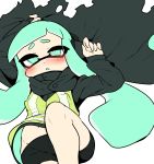  aqua_eyes aqua_hair bangs bike_shorts black_shorts blunt_bangs blush cape commentary_request domino_mask fangs highres inkling long_hair lying mask nama_namusan navel on_back paint_splatter partially_undressed pointy_ears safety_vest shorts splatoon_(series) splatoon_2 squid squidbeak_splatoon tentacle_hair 