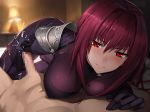  1girl blurry blush bodysuit breast_press breasts censored closed_mouth clothed_female_nude_male cum cum_on_body cum_on_lower_body cum_on_upper_body depth_of_field eyebrows_visible_through_hair fate/empire_of_dirt fate/grand_order fate_(series) game_cg gloves hair_between_eyes handjob hetero indoors lamp large_breasts light_smile long_hair looking_at_viewer mosaic_censoring nude pauldrons penis pink_hair pov purple_bodysuit purple_gloves red_eyes scathach_(fate)_(all) scathach_(fate/grand_order) shijiu_(adamhutt) 