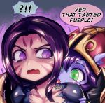  :p ?!! animal_ears blue_skin commentary english facial_mark green_eyes hand_on_another's_shoulder hat kai'sa league_of_legends licking lulu_(league_of_legends) multiple_girls open_mouth phantom_ix_row purple_eyes purple_hair scared speech_bubble sweatdrop taste_of_a_liar tears tongue tongue_out trembling wavy_mouth witch_hat yordle 