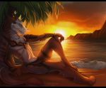  2018 5_fingers armor black_bars brown_fur brown_hair day detailed_background digital_media_(artwork) digitigrade eviloverlord0 fur hair male mask outside sergal sitting sky solo sun tlt_echelon tree water 