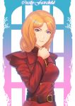  bangs belt blonde_hair cecily_fairchild closed_mouth commentary_request eyebrows_visible_through_hair fateline_alpha gundam gundam_f91 highres jacket long_sleeves looking_at_viewer medium_hair parted_bangs purple_eyes red_jacket solo upper_body 