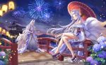  1girl achyue animal_ears arm_tattoo bare_shoulders bridge chinese_clothes chinese_commentary comb commentary_request copyright_request crossed_legs fireworks flower fox_ears fox_tail hair_ornament highres kitsune lantern long_hair looking_at_viewer mole mole_under_eye multiple_tails night obi off_shoulder on_railing oriental_umbrella partial_commentary platform_footwear railing red_eyes sash silver_hair tail tattoo umbrella very_long_hair wide_sleeves 